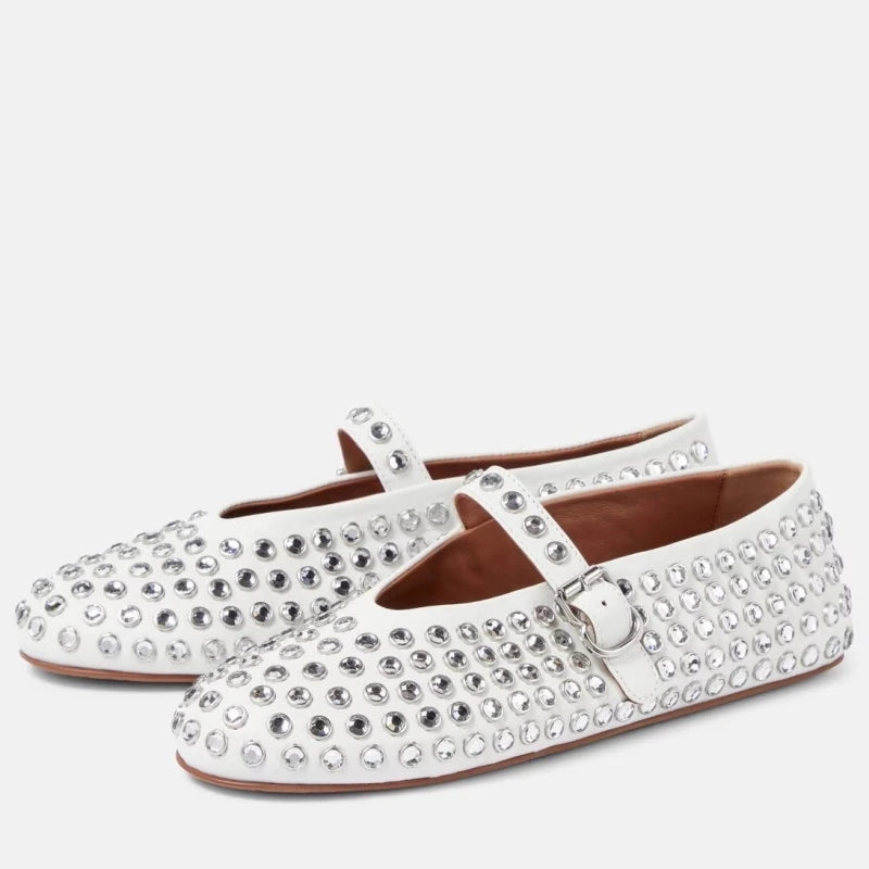 Bella | Donna Ballerine Mary Jane Pelle Strass Cristalli Bianco