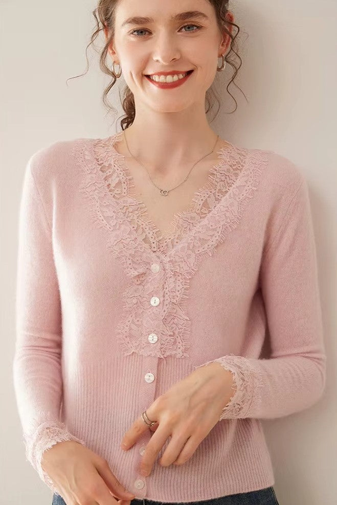 Cardigan Donna in Maglia con Dettagli in Pizzo e Bottoni | Valentina Rosa