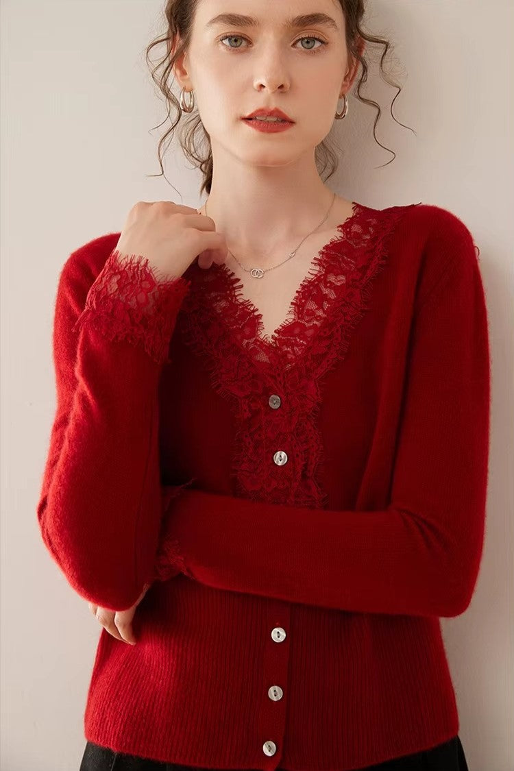 Cardigan Donna in Maglia con Dettagli in Pizzo e Bottoni | Valentina Rosso