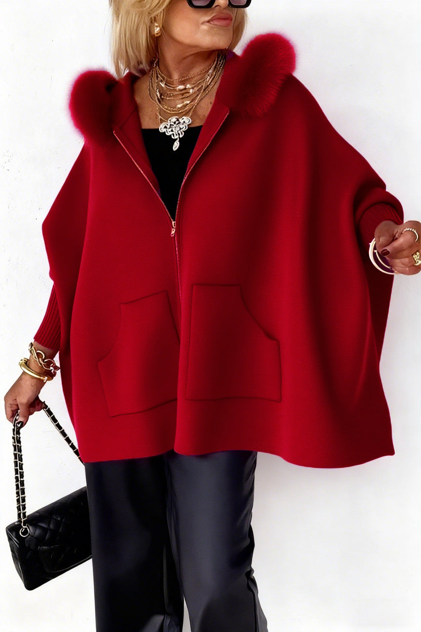 Clara | Donna Giacca Cape Oversize Cappuccio Pelliccia Zip 1