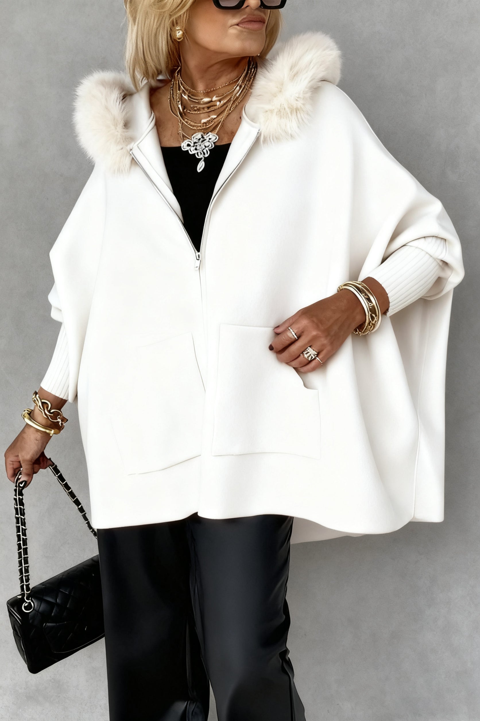 Clara | Donna Giacca Cape Oversize Cappuccio Pelliccia Zip 3