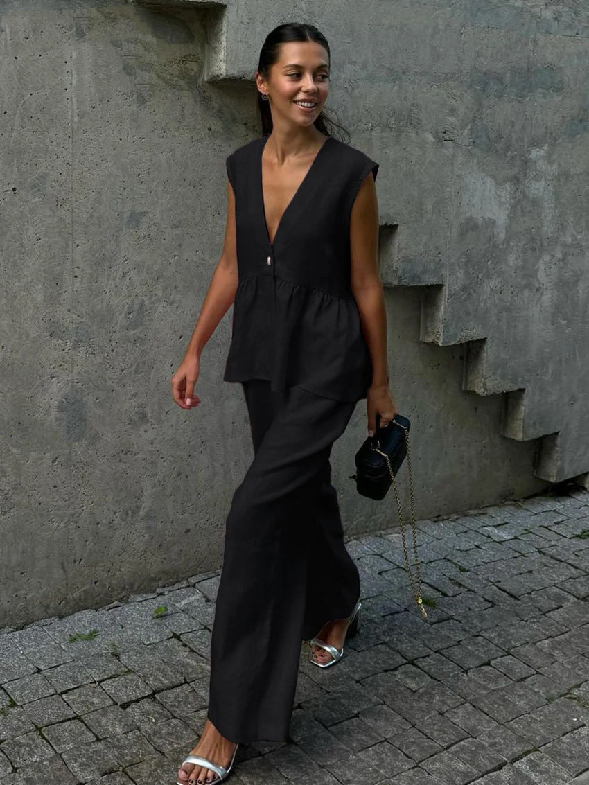Dalia | Completo Estivo Lino Top V-neck e Pantaloni Palazzo Nero