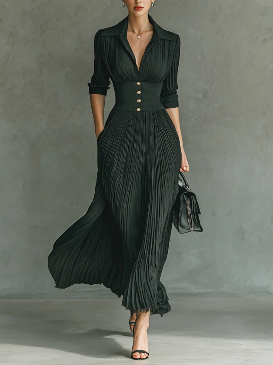 Darcy | Abito da Donna Maxi Plissettato Nero Colletto Corsetto