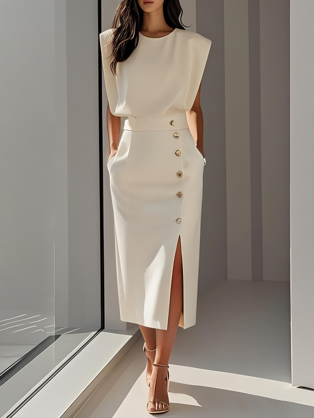 Diane | Abito da Donna Midi Spalle Imbottite Senza Maniche Spacco