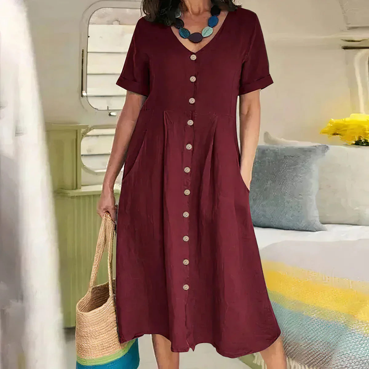 Dovira | Abito Elegante In Lino Da Donna Scollo A V Con Bottoni Midi