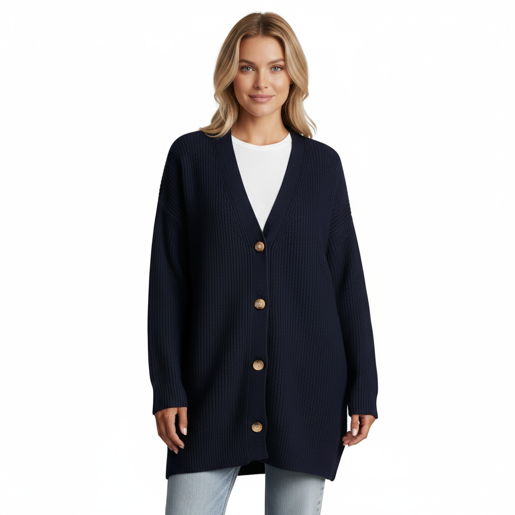 Elara | Cardigan Lungo a Righe con Bottoni Blu scuro