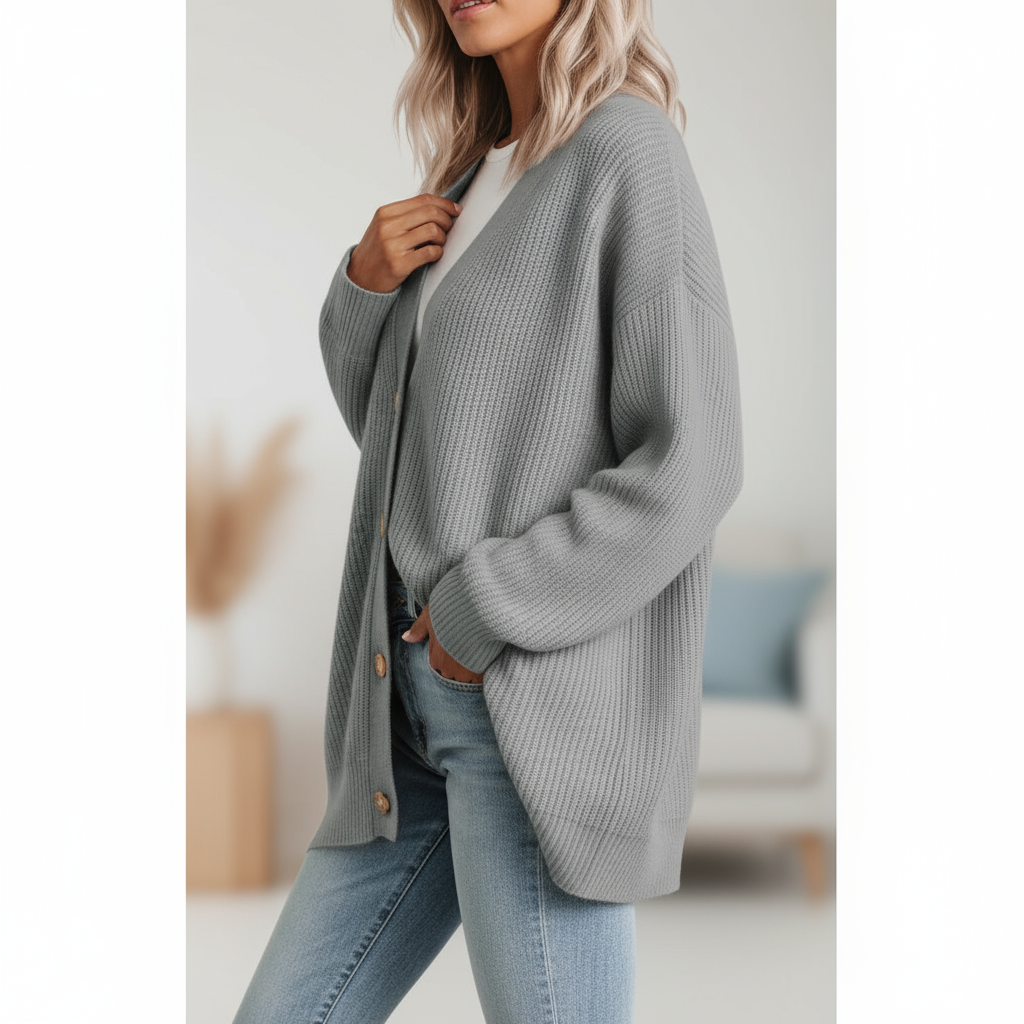 Elara | Cardigan Lungo a Righe con Bottoni Grigio