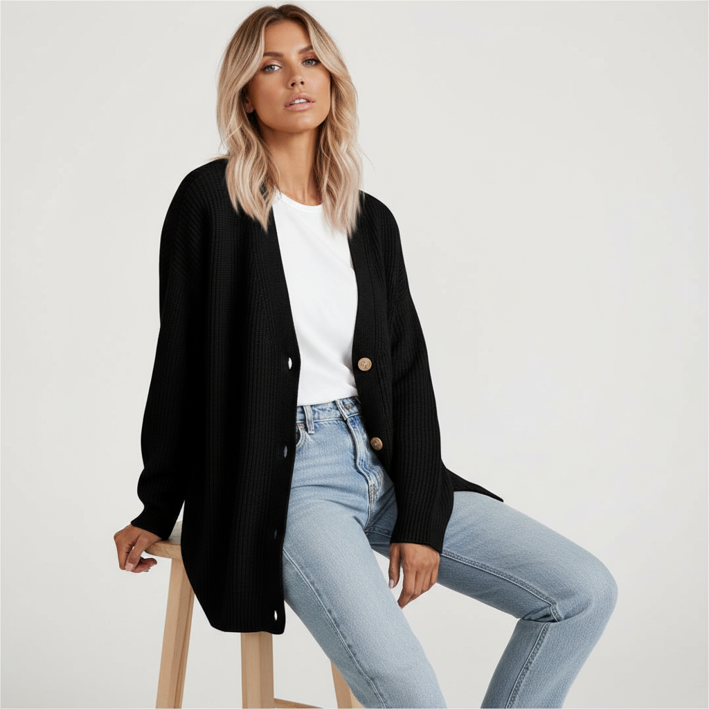 Elara | Cardigan Lungo a Righe con Bottoni Nero