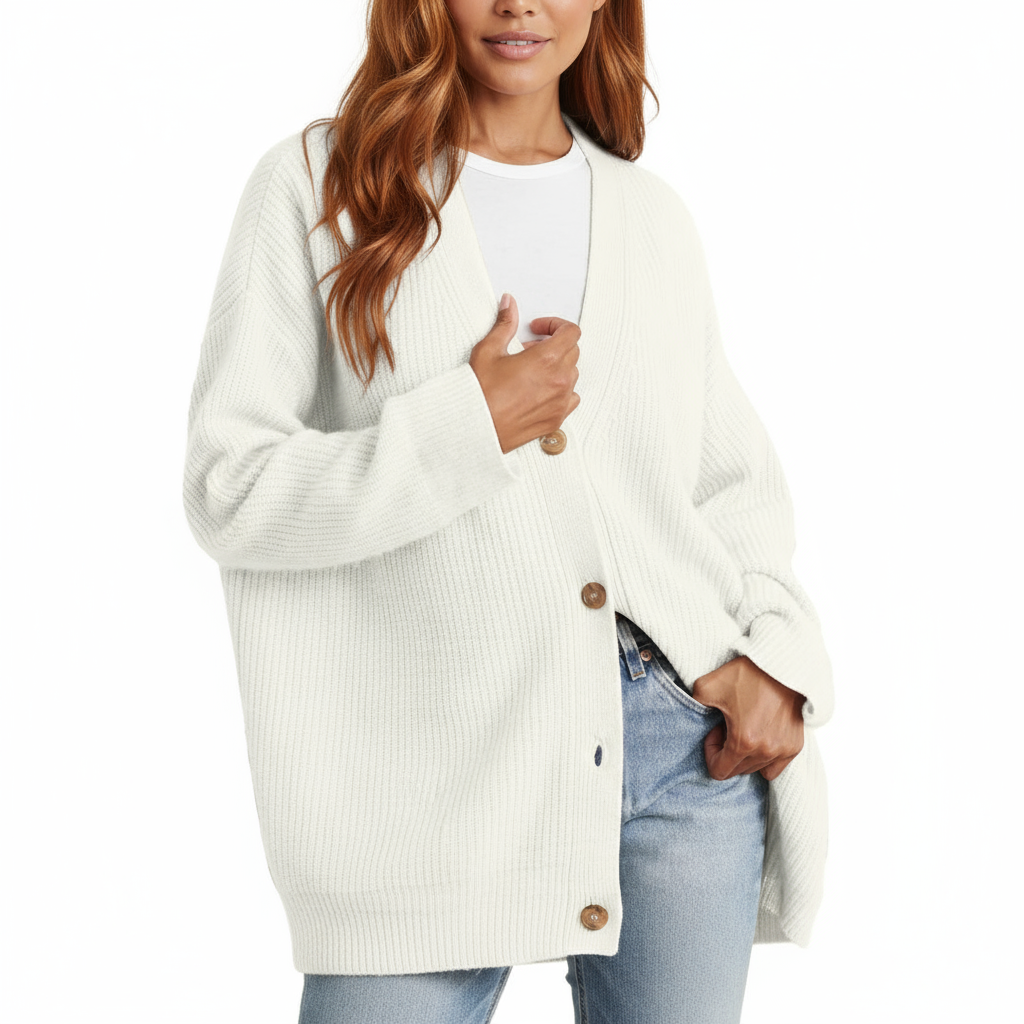 Elara | Cardigan Lungo a Righe con Bottoni Bianco