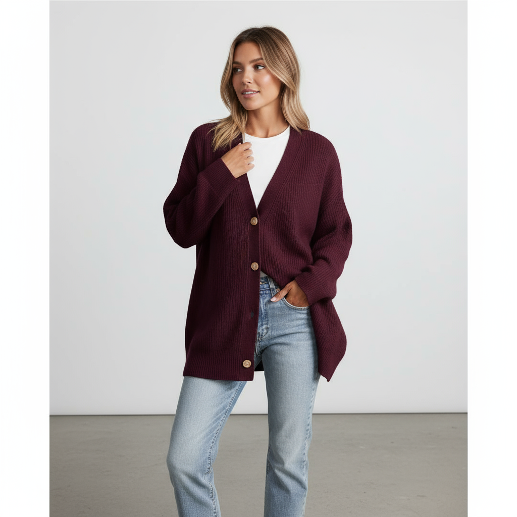 Elara | Cardigan Lungo a Righe con Bottoni Rosso