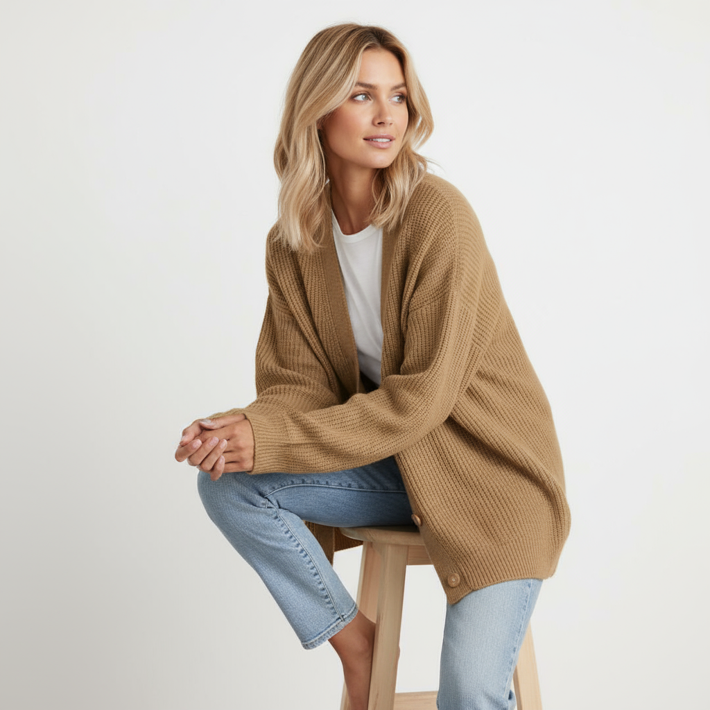 Elara | Cardigan Lungo a Righe con Bottoni Cachi