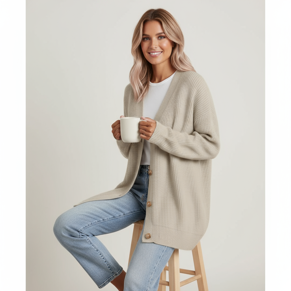 Elara | Cardigan Lungo a Righe con Bottoni Beige
