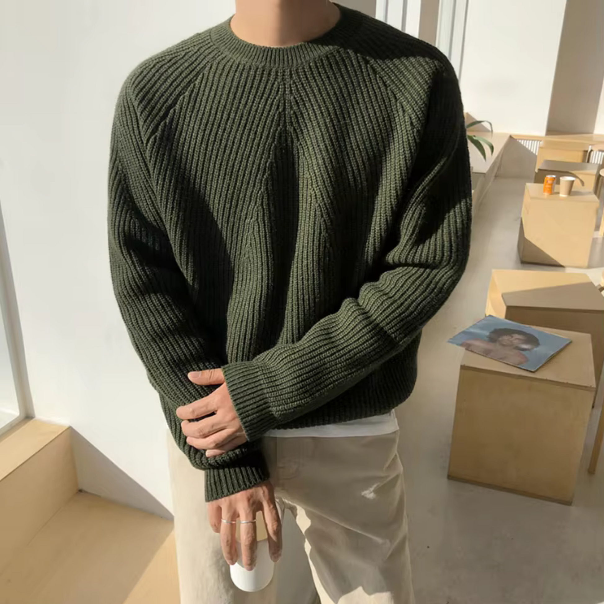 Maglione Cotone Struttura a Coste Per Uomo | Fynara Verde