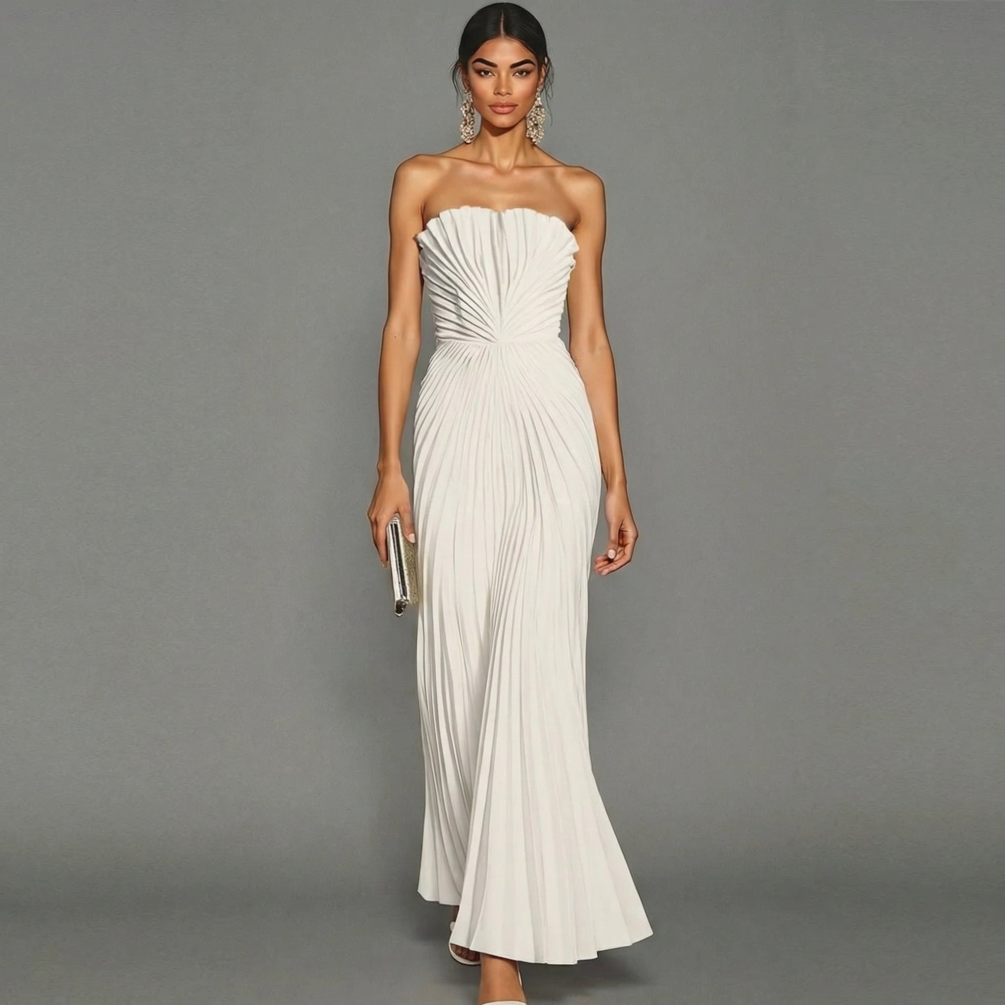 Greta | Abito Lungo Donna Plissettato Bianco Senza Spalline