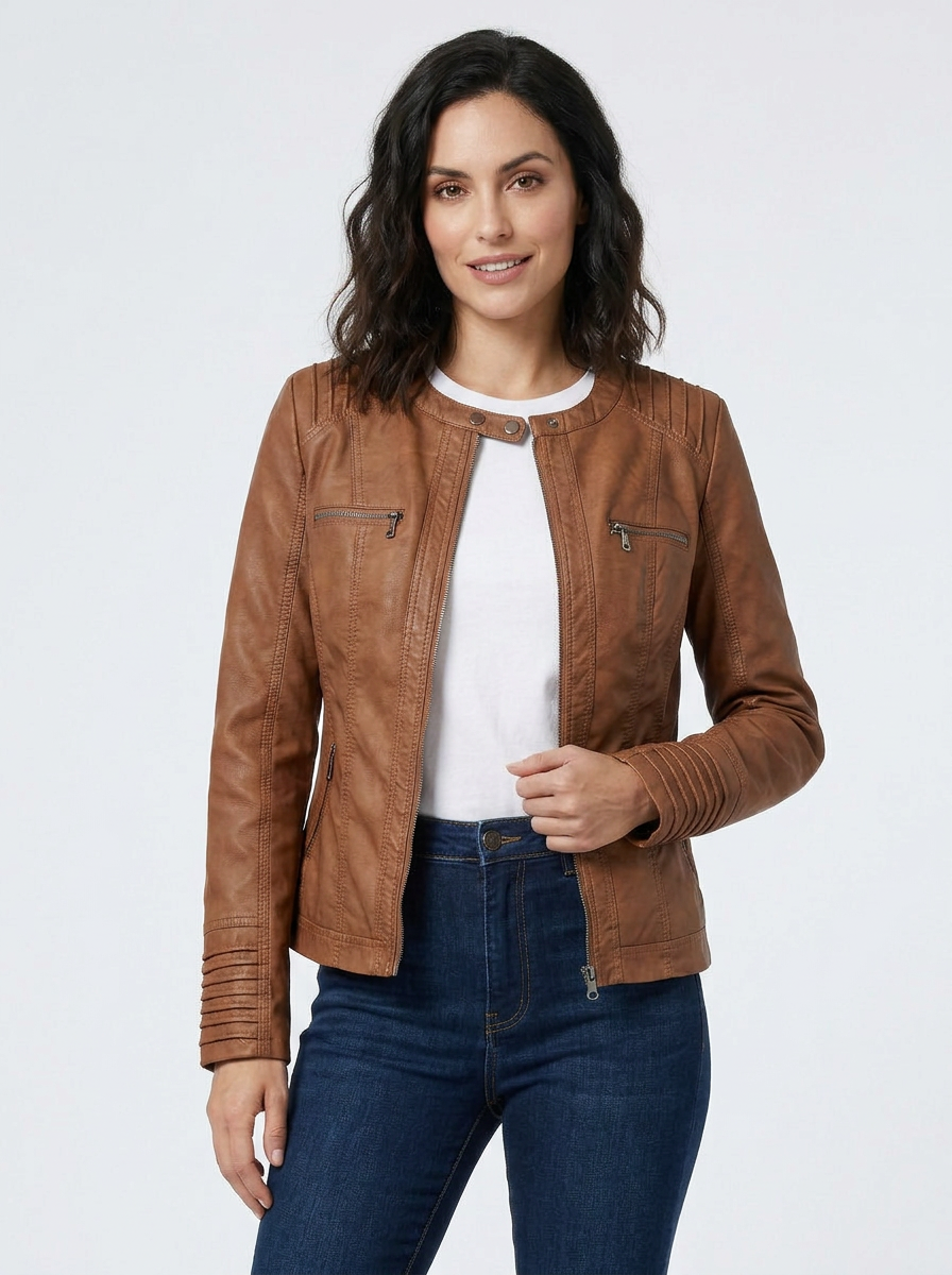 Jaxor | Giacca Biker Donna in Pelle Slim Fit con Zip Frontale e Tasche con Zip 1