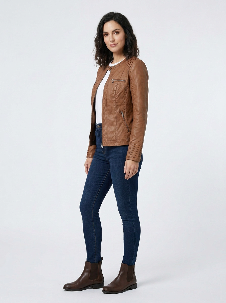 Jaxor | Giacca Biker Donna in Pelle Slim Fit con Zip Frontale e Tasche con Zip 2