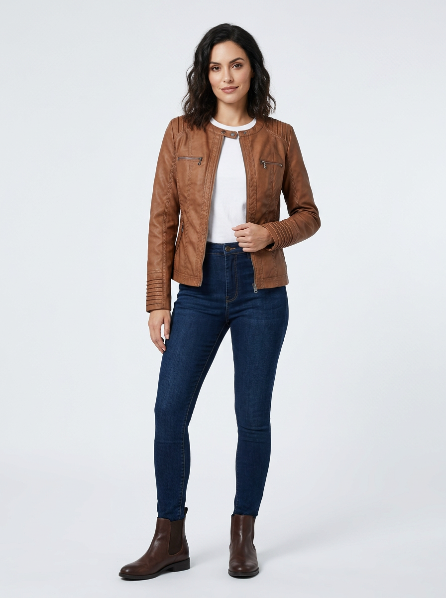 Jaxor | Giacca Biker Donna in Pelle Slim Fit con Zip Frontale e Tasche con Zip 7