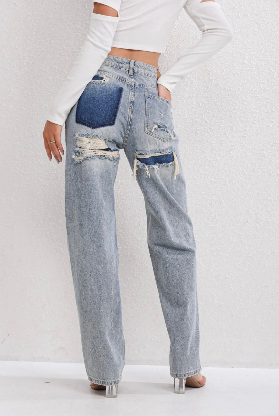 Jeans a Gamba Dritta a Vita Alta con Patchwork e Effetto Usato per Donna | Daniela