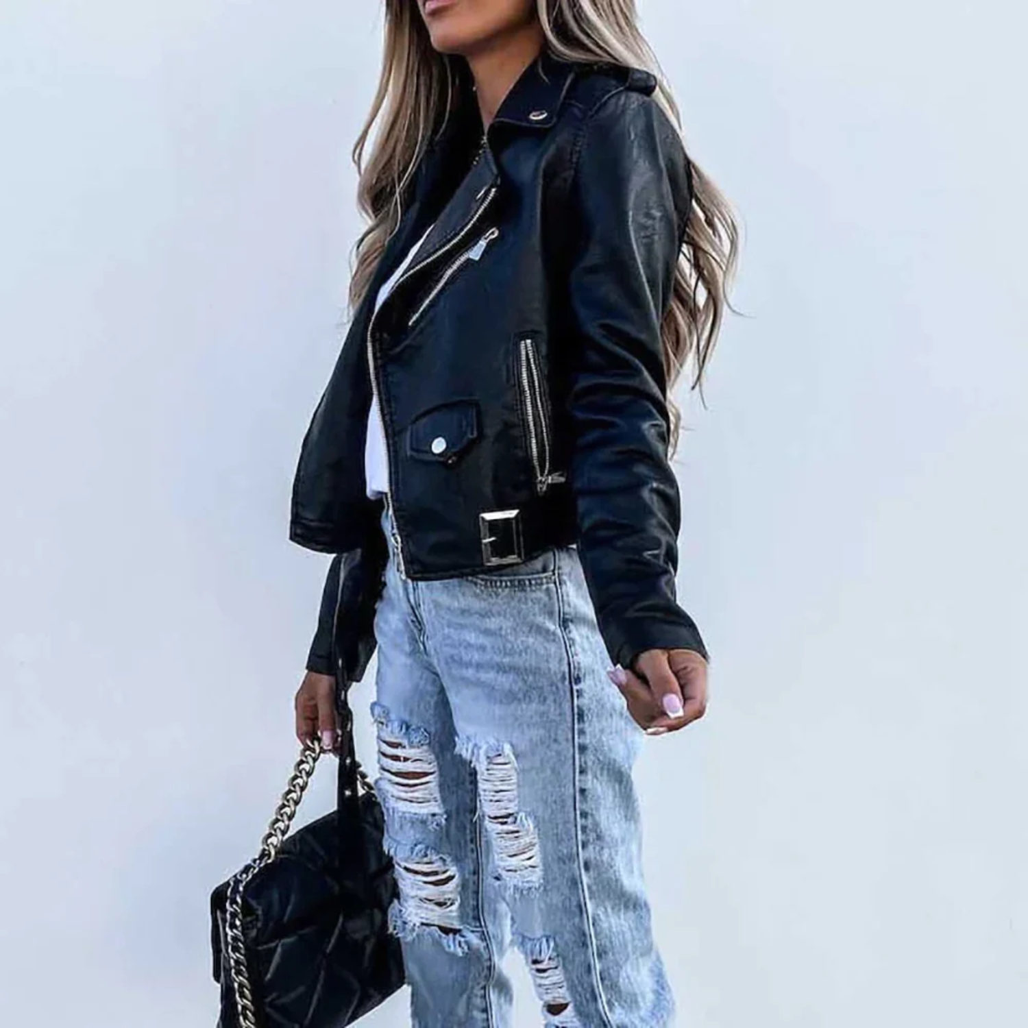 Jorlen | Giacca Biker Da Donna In Pelle Nera Con Zip Asimmetrica E Cintura 3
