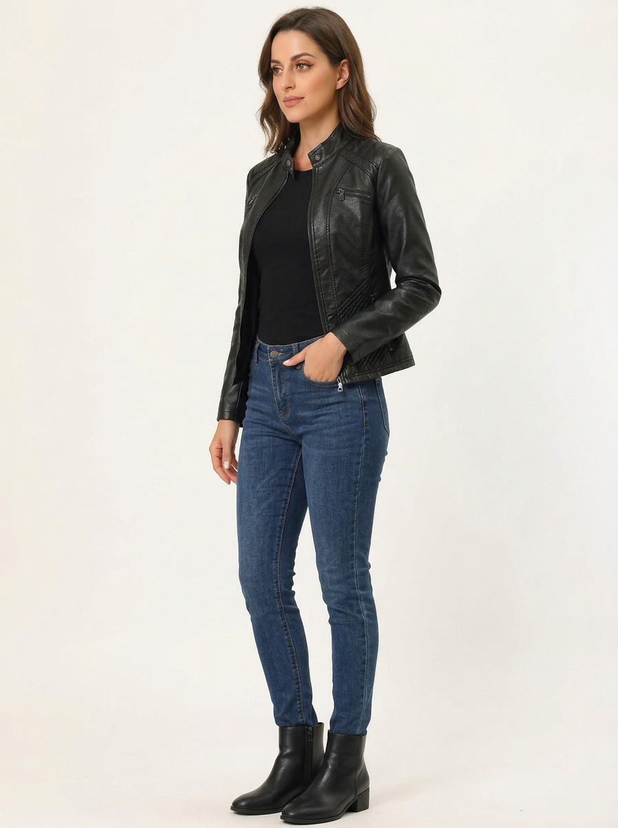 Jorven | Giacca Biker Donna Slim Fit in Pelle Sintetica con Zip Frontale 2