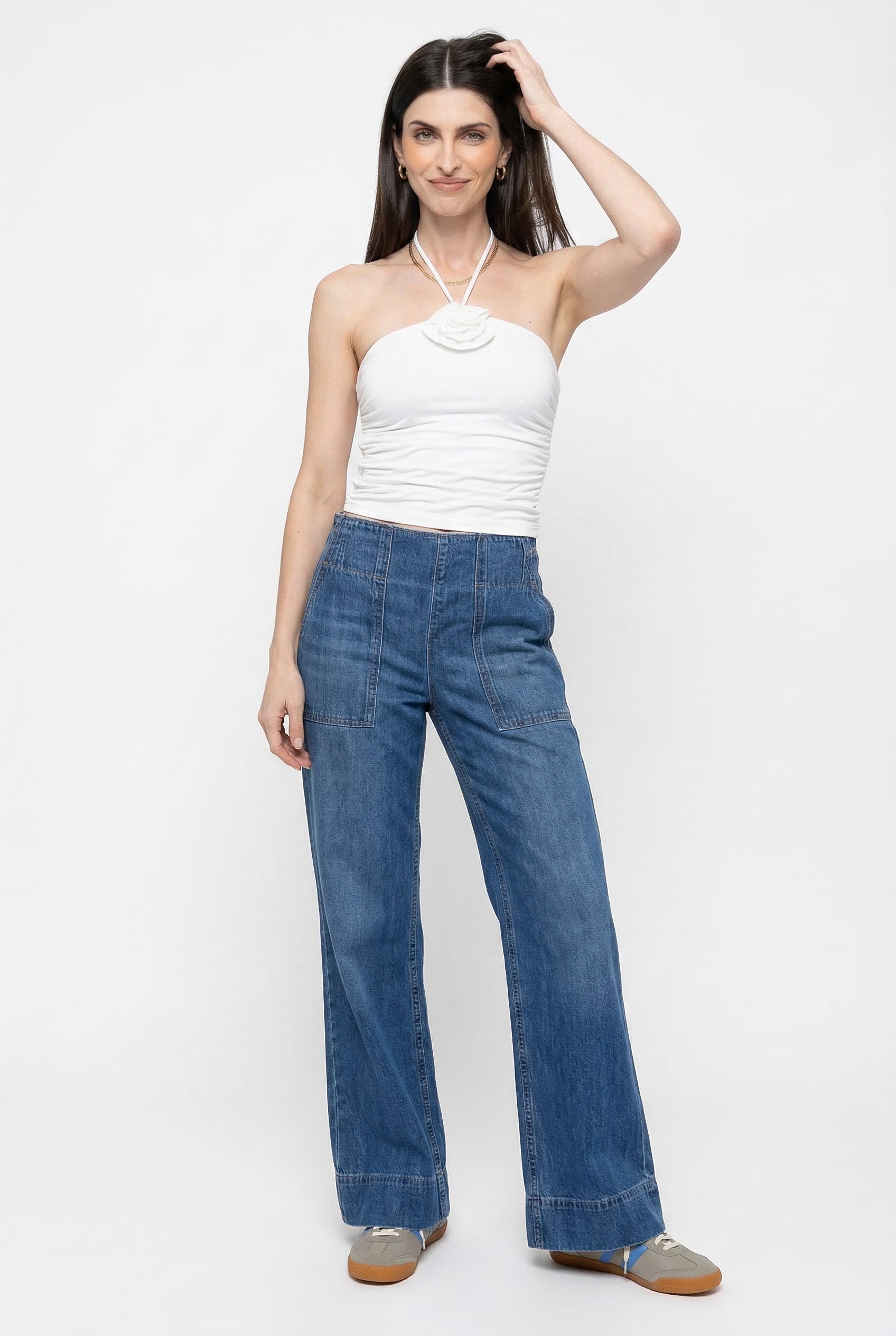 Julia | Donna Jeans a Gamba Larga Vita Alta Tasche Applicate