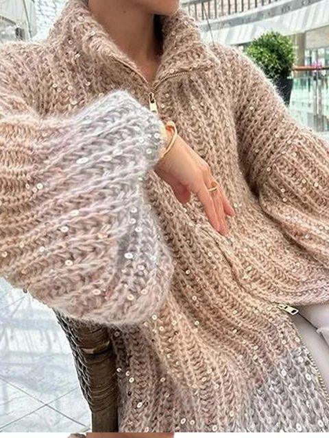 Knovela | Maglione Cashmere Donna Cardigan Oversize Paillettes Collo Alto 2