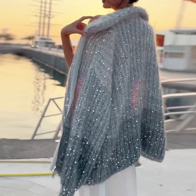 Knovela | Maglione Cashmere Donna Cardigan Oversize Paillettes Collo Alto 4