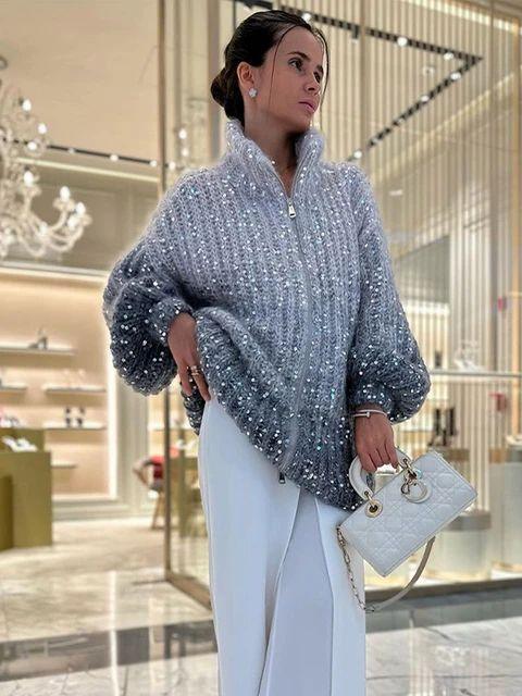 Knovela | Maglione Cashmere Donna Cardigan Oversize Paillettes Collo Alto 6