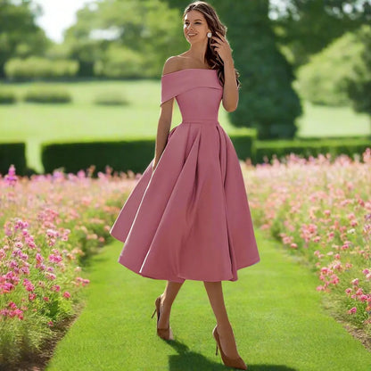 Matilde | Abito Midi Donna in Raso Spalle Scopert 1