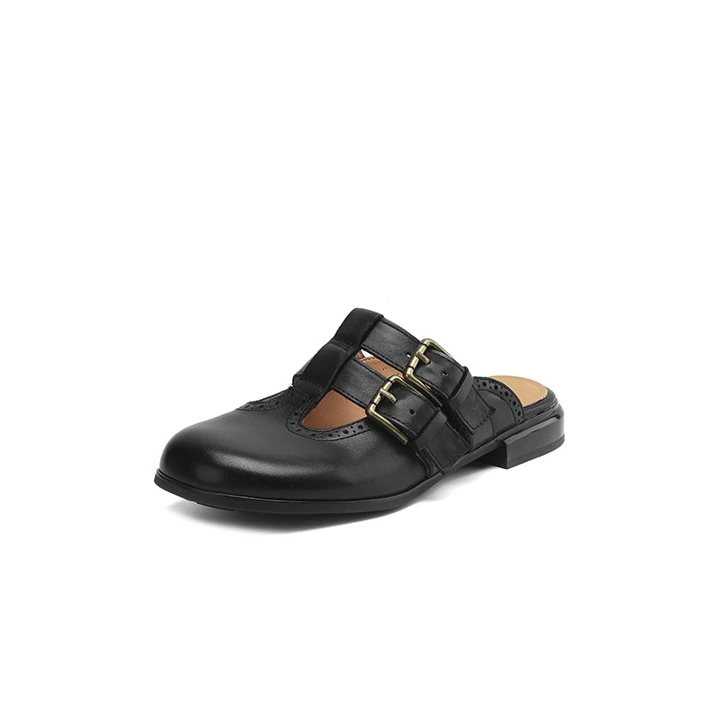 Mia | Donna Mule Piatte Pelle Doppia Fibbia Dettaglio Brogue 6