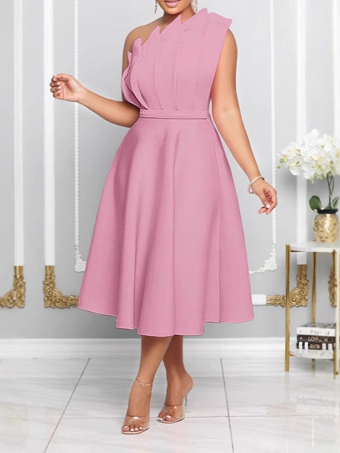 Mira | Abito Maxi da cerimonia Monospalla con Dettagli Scolpiti Rosa