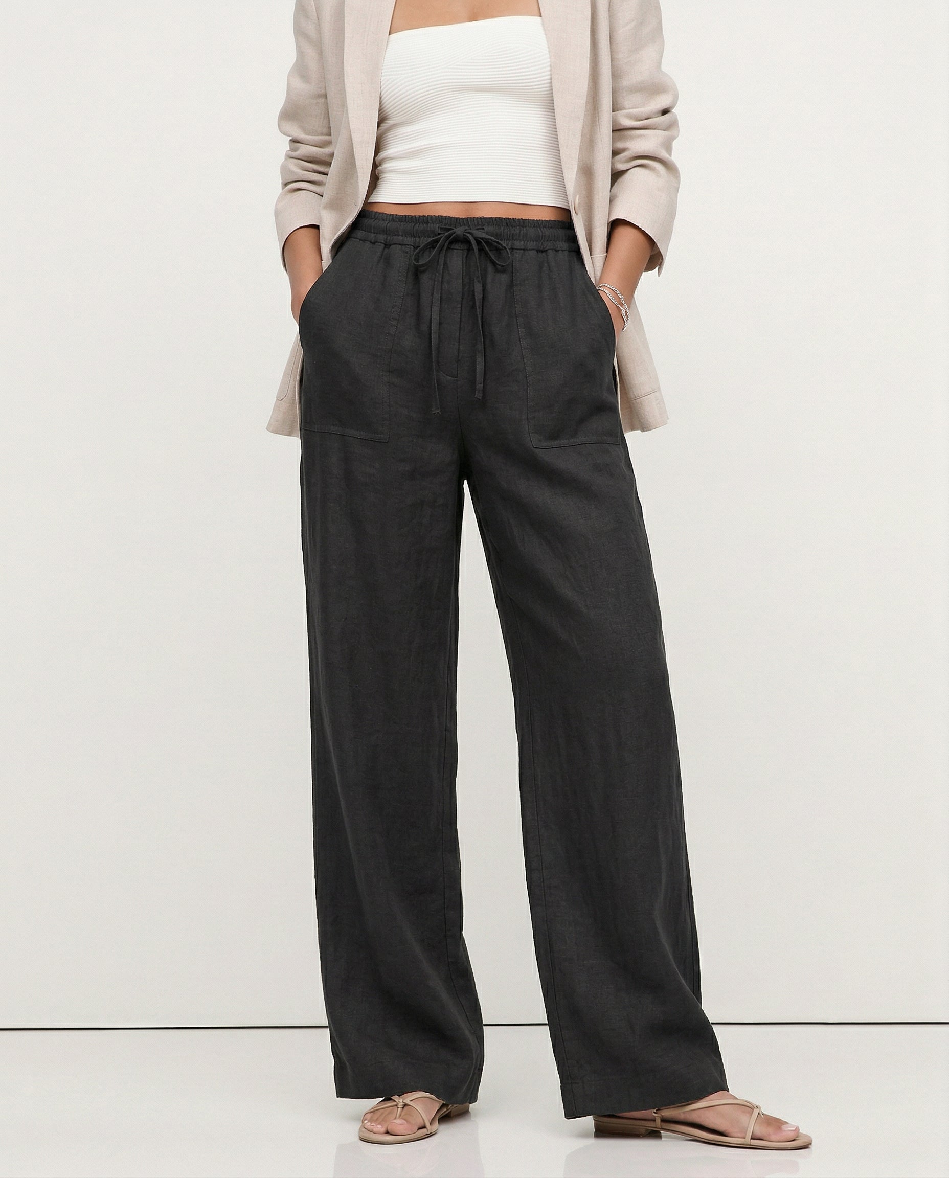Patty| Donna Pantaloni Gamba Larga Lino Coulisse Tasche Applica 1
