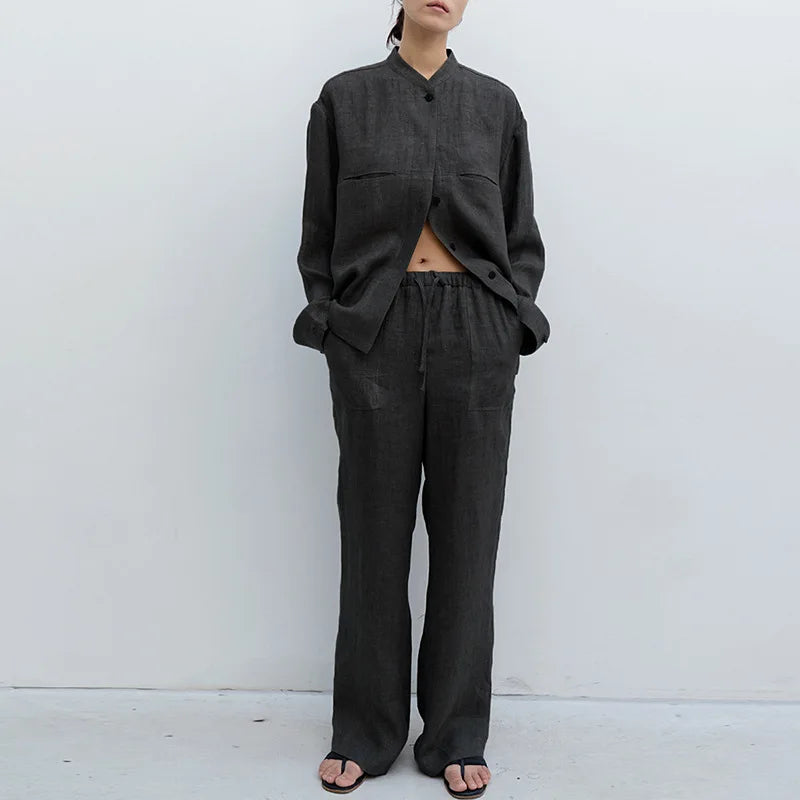 Patty| Donna Pantaloni Gamba Larga Lino Coulisse Tasche Applica 8