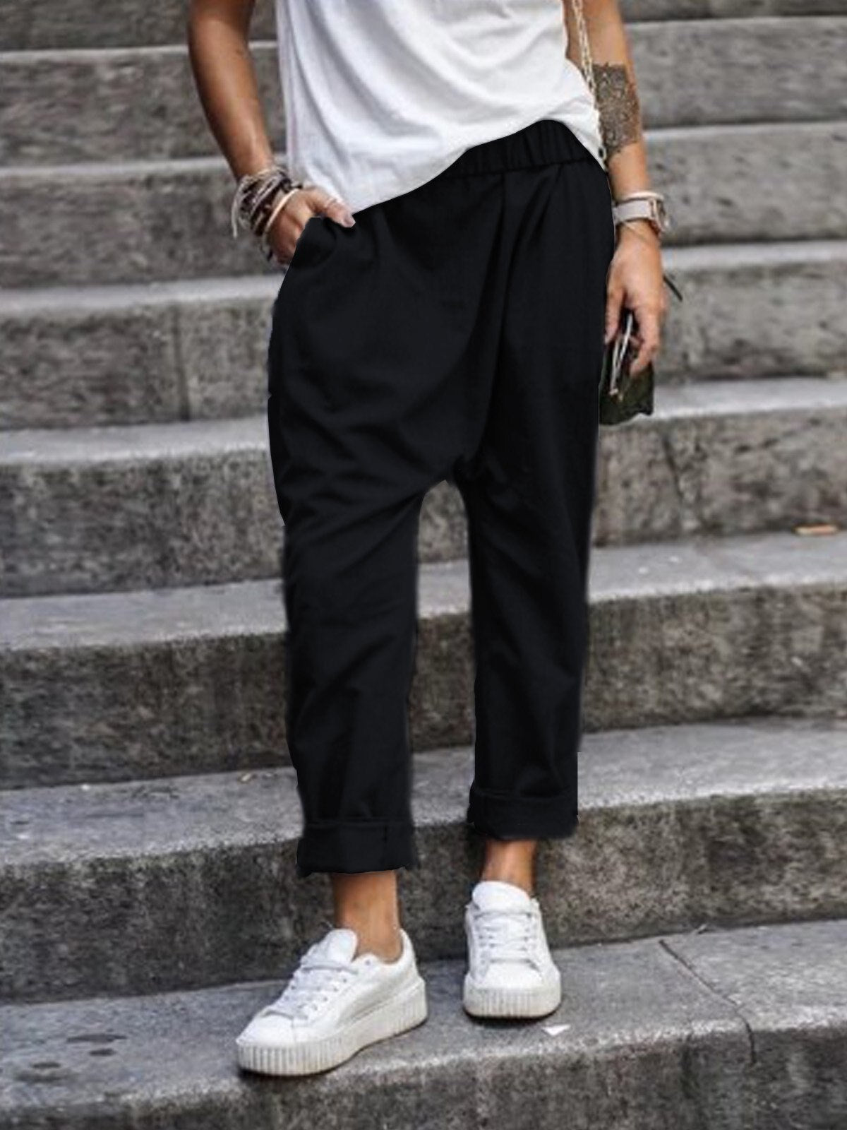 Pavira | Pantaloni Da Donna Cropped Con Vita Elastico