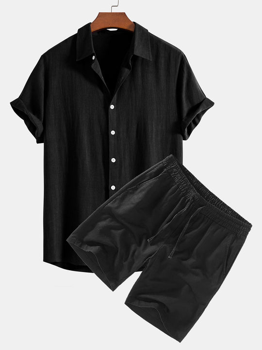 Set di Camicia e Pantaloni Corti in Lino per Uomini | Trevix Nero