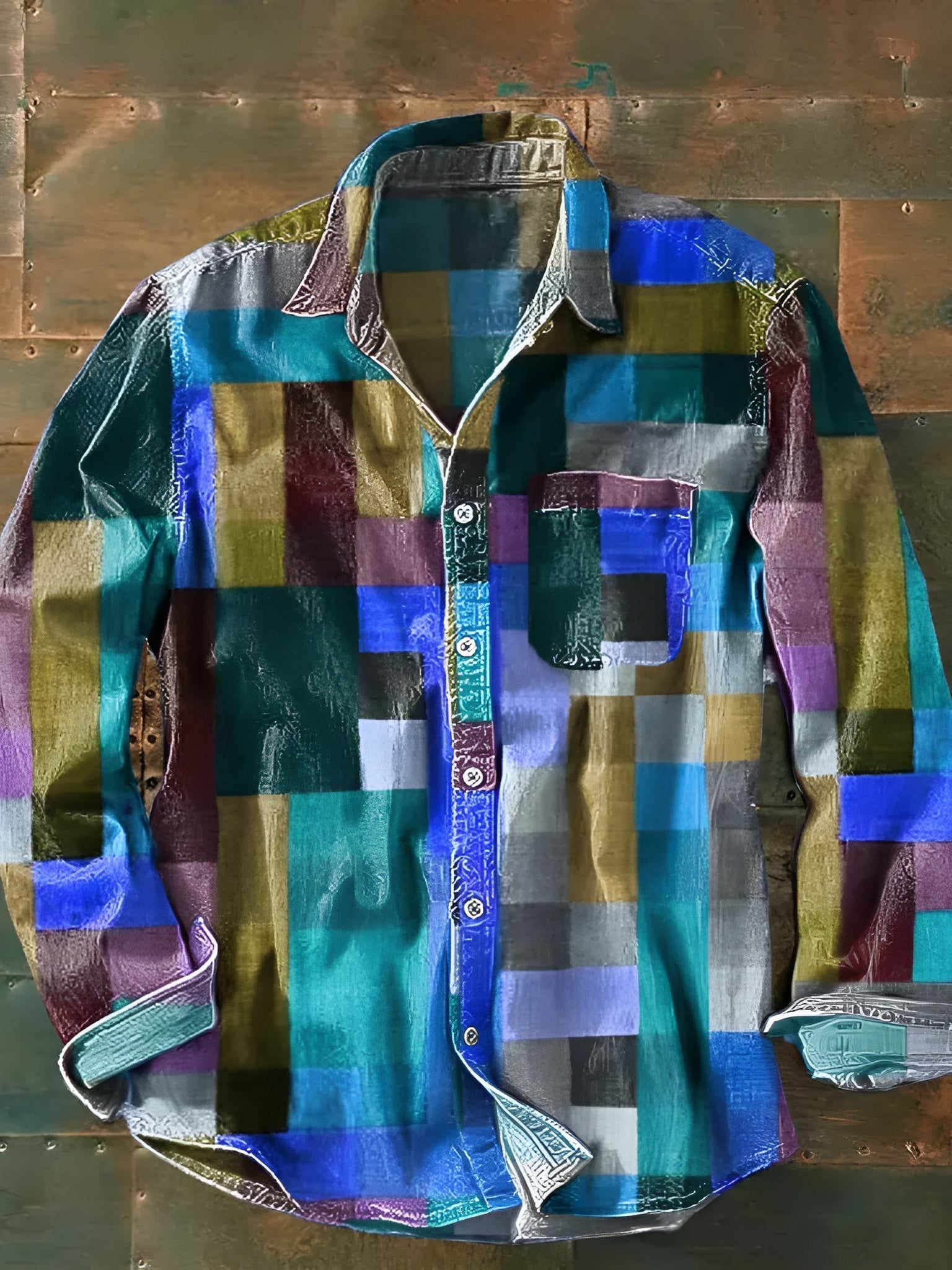 Shiveco | Camicia Uomo Relaxed Fit Colourblock Patchwork Manica Lunga 7