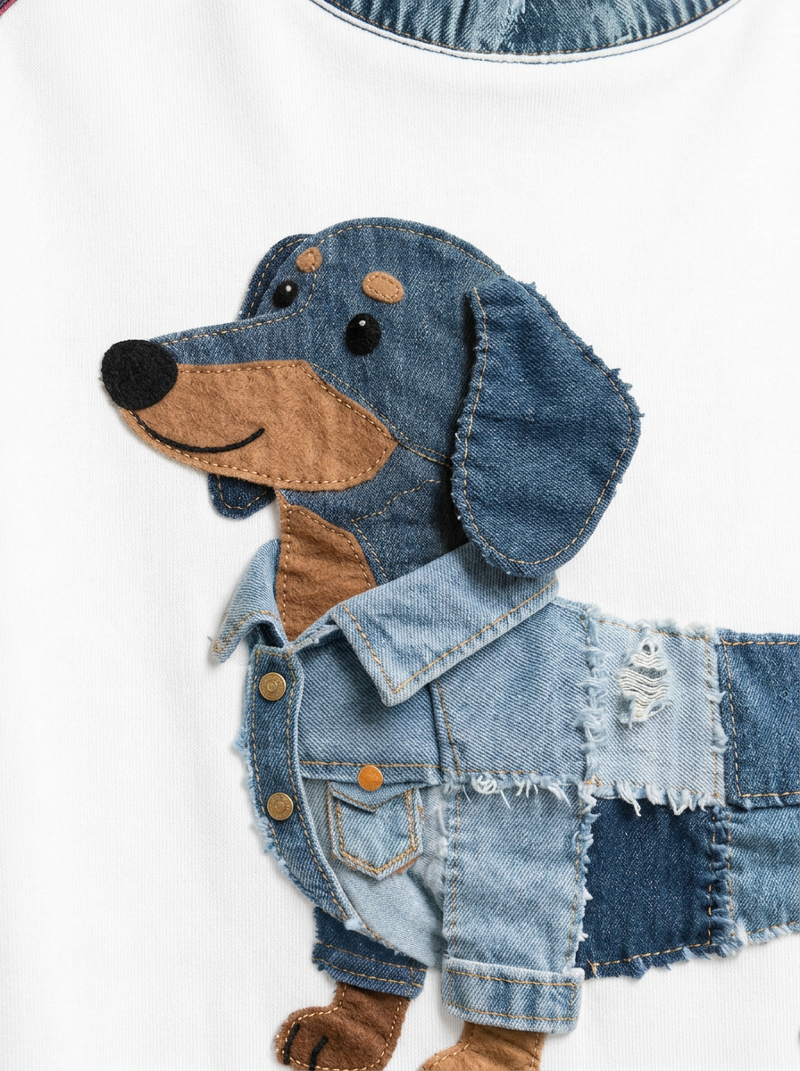 Swelva | Felpa Donna Grafica Stampa Cane Bordo Denim Girocollo 2