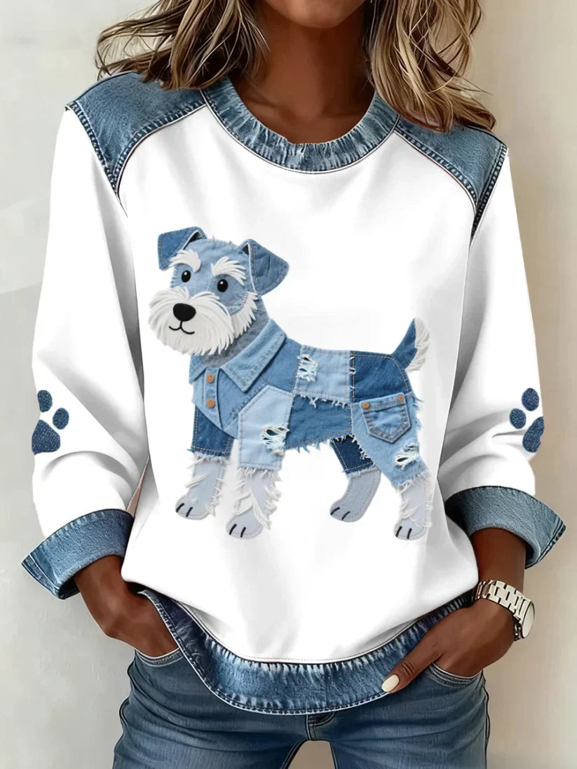 Swelva | Felpa Donna Grafica Stampa Cane Bordo Denim Girocollo 3