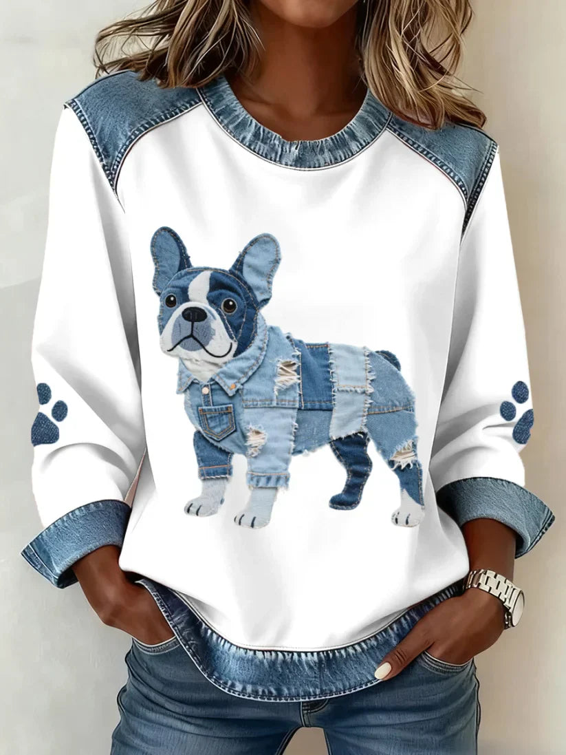 Swelva | Felpa Donna Grafica Stampa Cane Bordo Denim Girocollo 4
