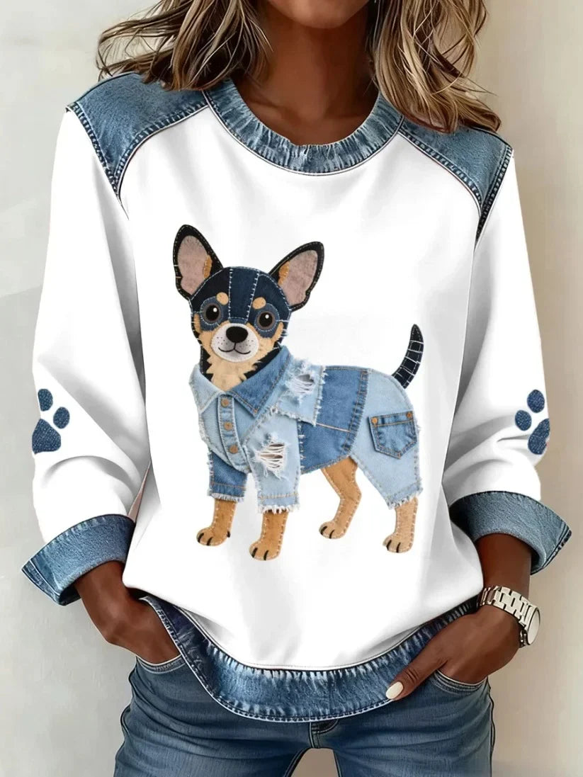 Swelva | Felpa Donna Grafica Stampa Cane Bordo Denim Girocollo 6