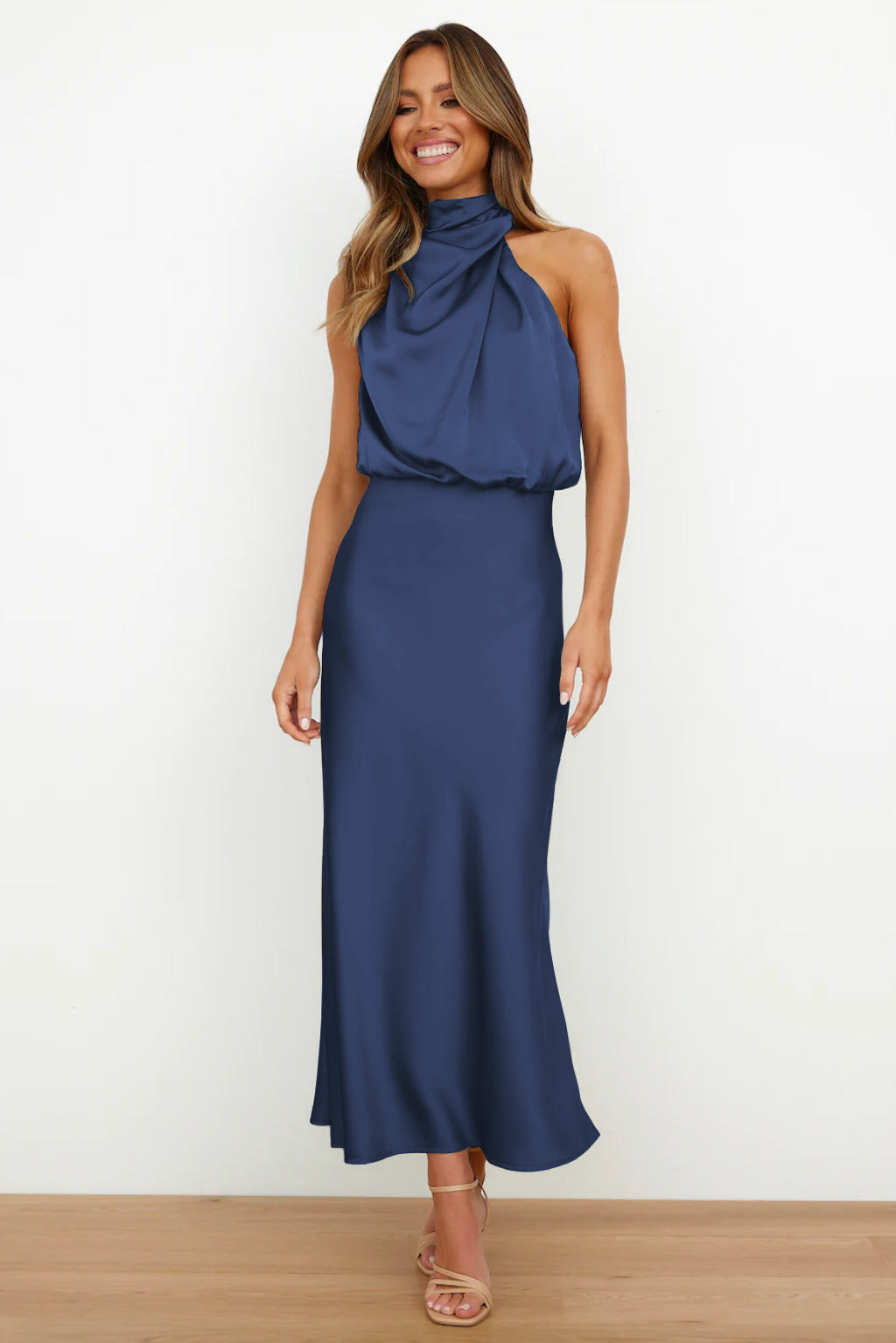 Vestito Lungo in Raso Elegante Per Donna | Veloria Blu Navy