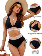 Ensemble de maillot de bain bikini taille haute pour femme avec contrôle du ventre