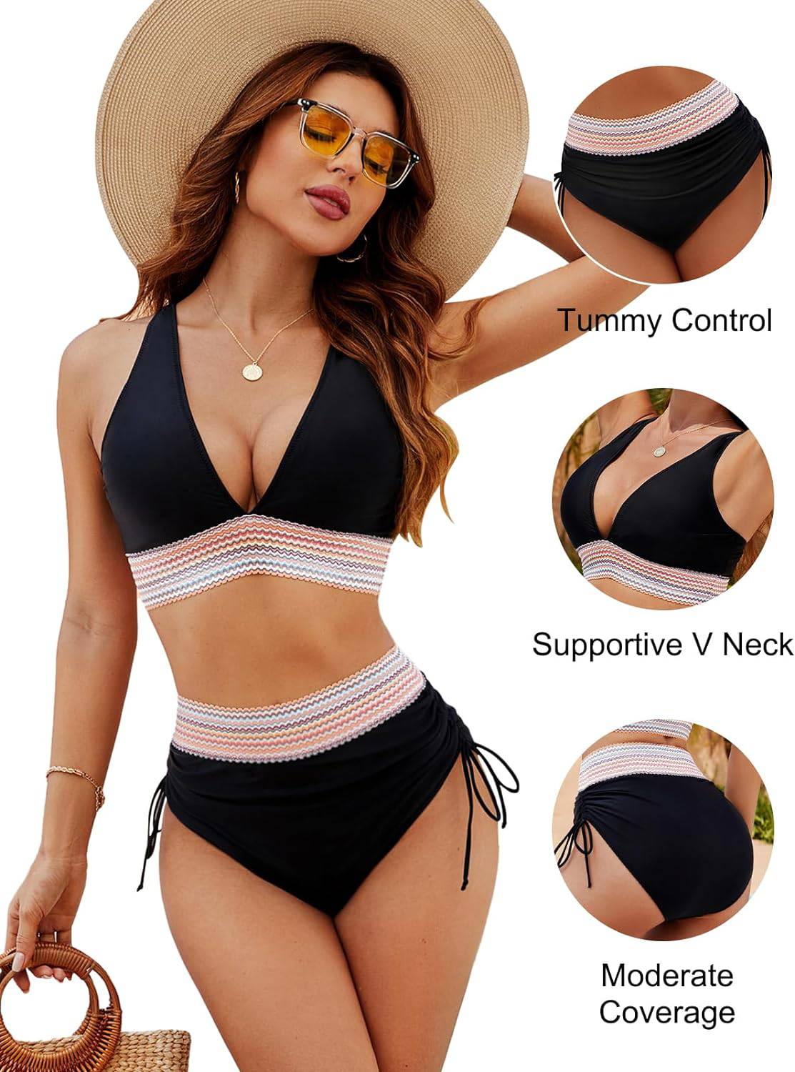Ensemble de maillot de bain bikini taille haute pour femme avec contrôle du ventre