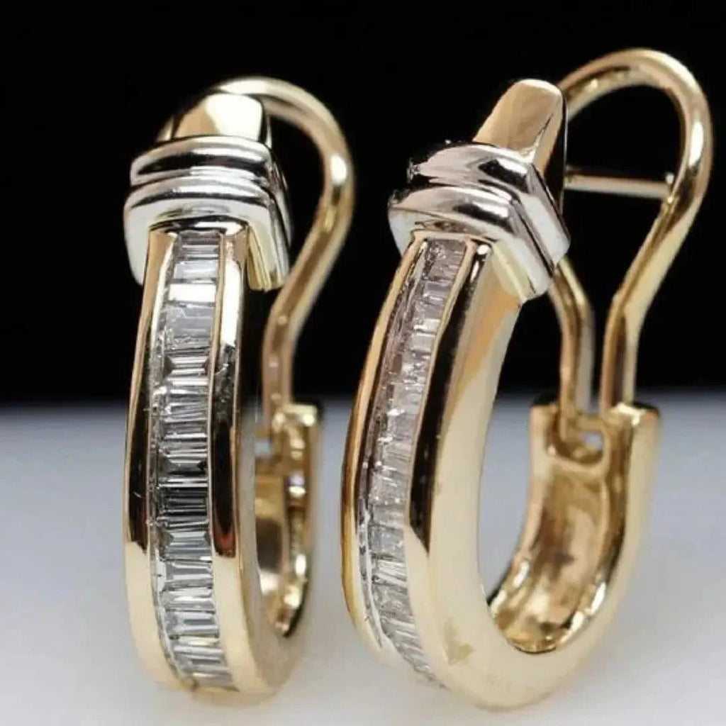 14k Gold Hoop Earrings Small Two-Tone Diamond Baguette Omega Back - Image 1