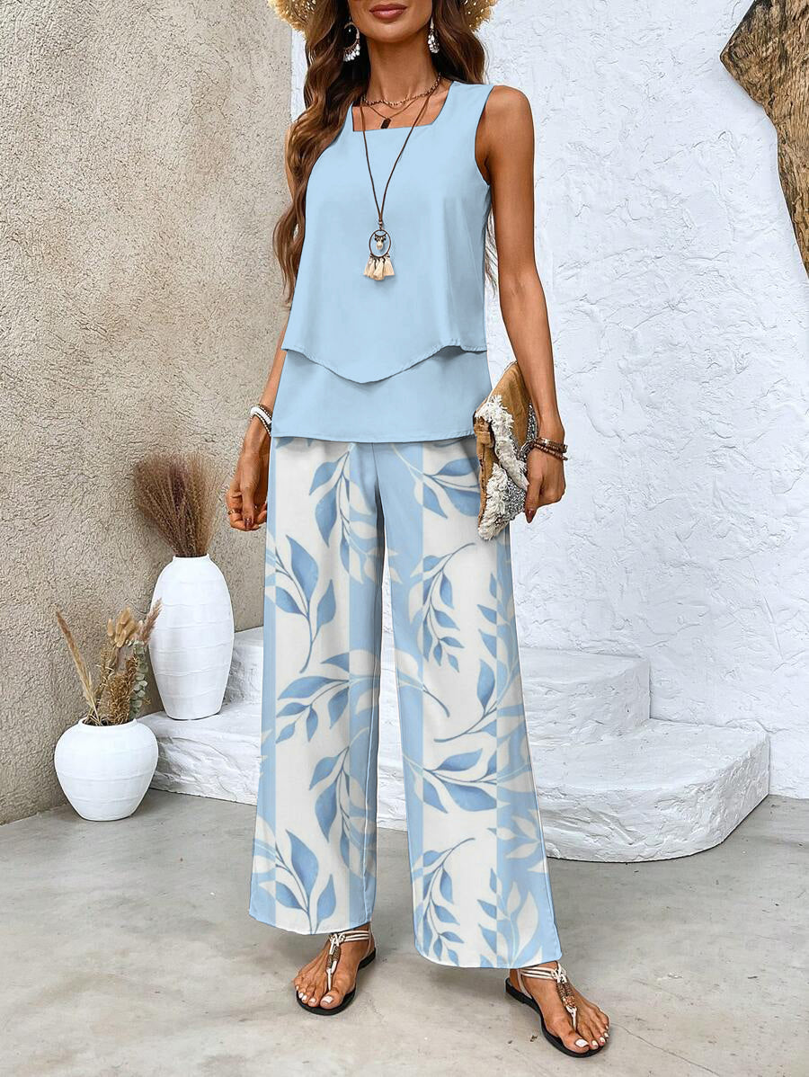 Women's Casual Summer Two-Piece Outfit with Wide-Leg Pants