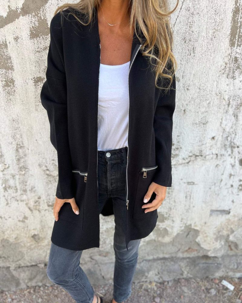 Cardigan lungo da donna con apertura frontale e cerniera
