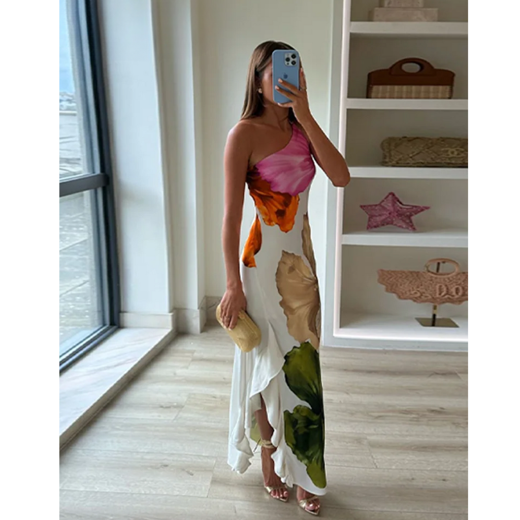 Women's Two-Way Shoulder Printed Maxi Dress
