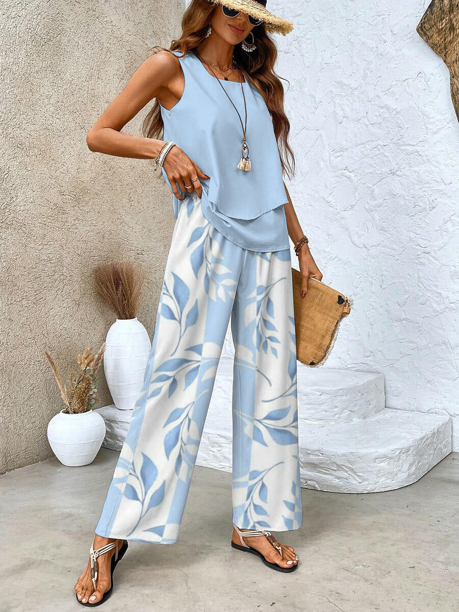 Women's Casual Summer Two-Piece Outfit with Wide-Leg Pants
