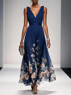 Women's Floral Flowing Formal Occasion Dress with V-Neck