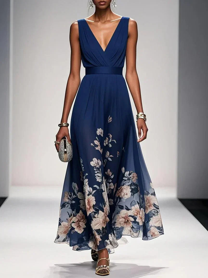 Women's Floral Flowing Formal Occasion Dress with V-Neck
